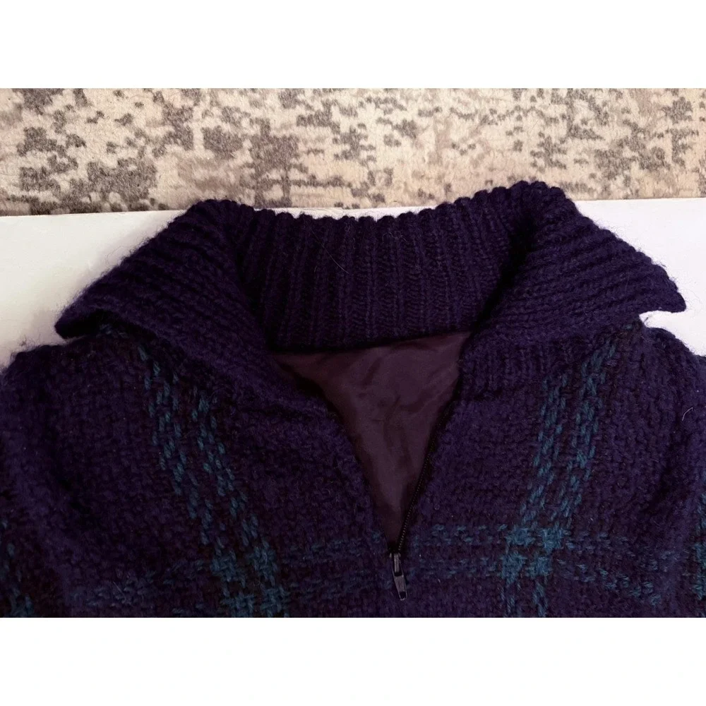 Branigan Weavers Wool Sweater M Green Blue Plaid Full Zip Ireland Vintage Knit